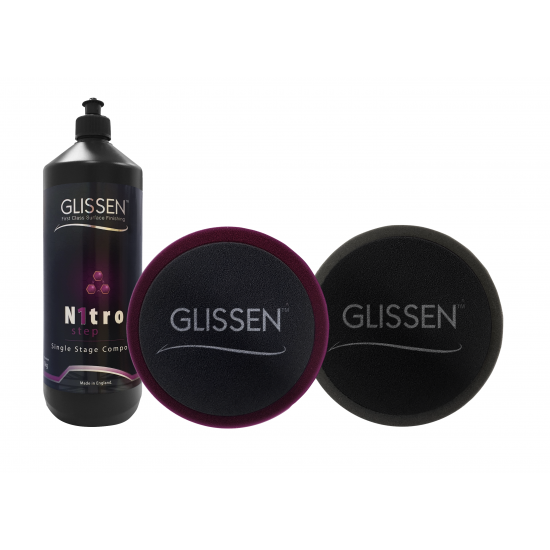 GLISSEN NITRO SINGLE STAGE COMPOUND 1KG (INCL X1 PURPLE COMPOUNDING FOAM+ X1 BLACK WAFFLE FINISHING FOAM 150MM/6